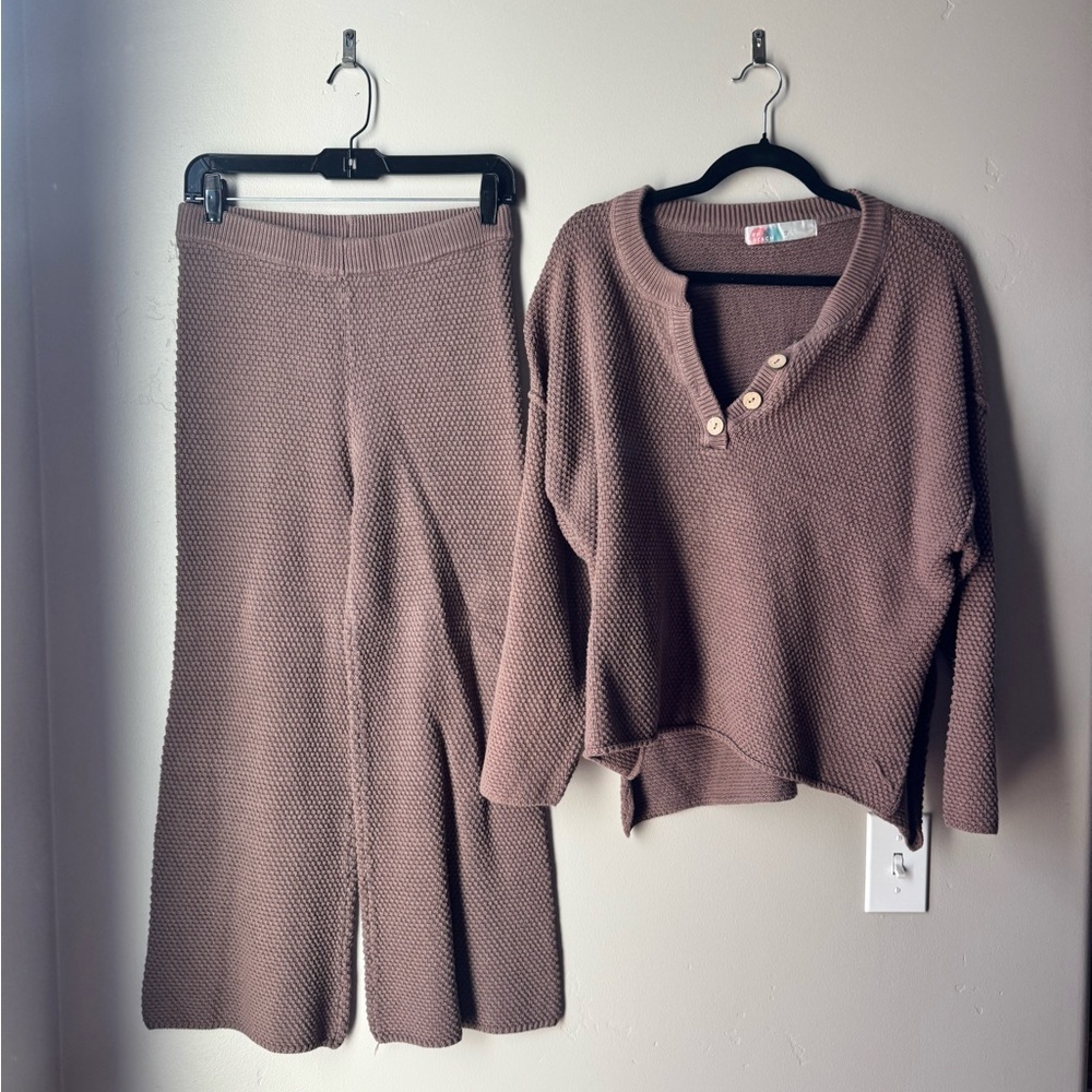 Free Peopl Hailee Sweater Set Waffle Knit  XS Cozy Henley Wide Leg Pant Beach - Picture 5 of 11